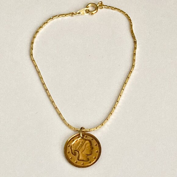 Vintage French Italian Coin Charm Bracelet Gold Plated Wire France Italy Lady - Picture 6 of 10